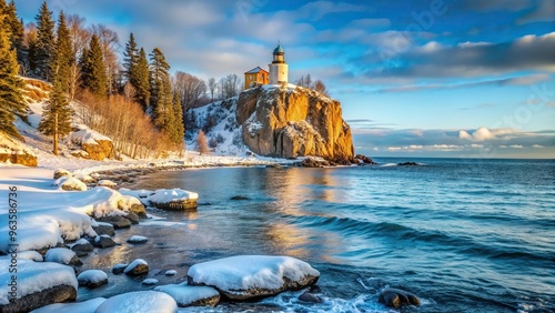 Shoreline of Lake Superior s northern shore during winter showcasing the iconic Split Rock Lighthouse in the background, Great Lakes, icy conditions, winter, historical landmark