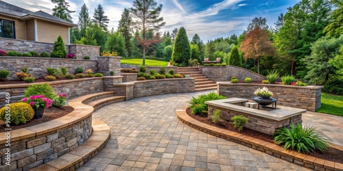 Landscaped patio featuring a beautiful retaining wall and pavers