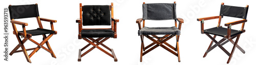 Vintage wooden director chairs with black fabric seats classic movie set furniture transparent background