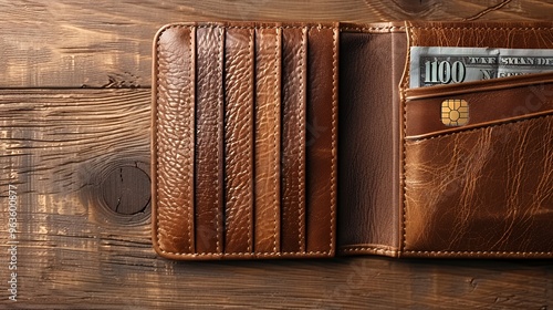 Open brown leather wallet with a $100 bill and a chip card inside, lying on wooden surface.