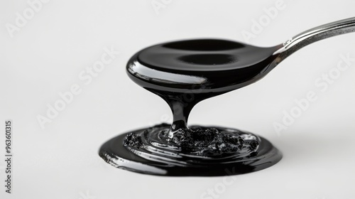 A close-up shot of a silver teaspoon with thick black liquid Shilajit resin dripping onto a white surface, emphasizing the rich, viscous texture of the resin.