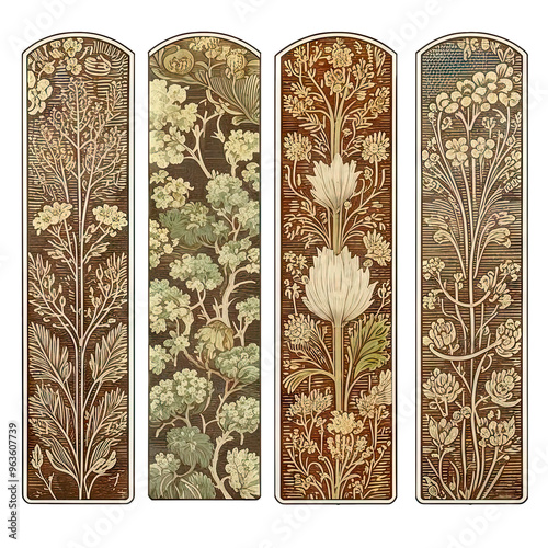 Set of four vertical designs with Victorian Botanical Collection and a place for text, vintage book bookmarks, a collection of modular paintings.