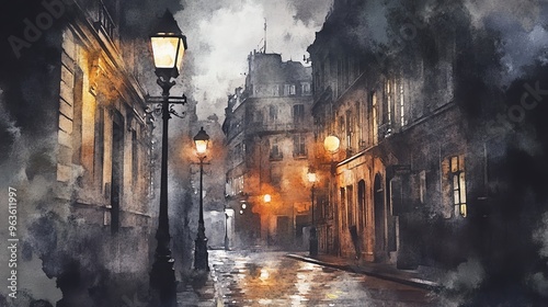 Victorian street, gas lamps flickering, deserted, Watercolor style