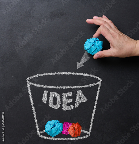 Process of idea rejection and creative improvement, hand throwing crumpled paper ball to basket with idea inscription. Paper balls inside a basket symbol of discarded