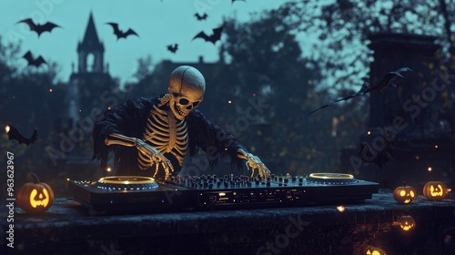 skeleton djing with turntables and bats flying around in a cemetery at night Funny halloween background for parties and events