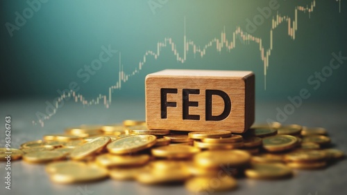 Federal Reserve Symbol - Gold Coins & Wooden Block, A wooden block engraved with "FED" rests atop a pile of gold coins against a blurred backdrop of a stock market chart.