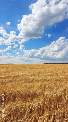 A vast expanse of golden wheat fields stretches out under a bright blue sky dotted with fluffy white clouds. The golden wheat stalks sway gently in the summer breeze, creating a sense of peace and ser