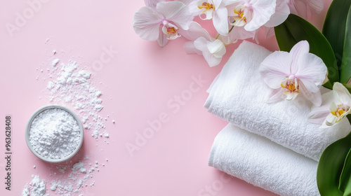 "Laundry concept featuring clean linen and an orchid next to washing powder, set against a pink background. Top view."