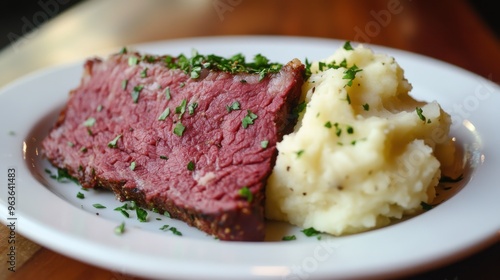 Mashed potatoes served with corned beef.