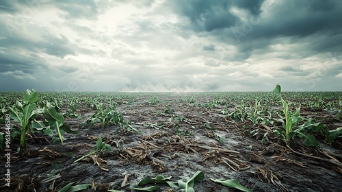 Crops devastated by a severe storm with flattened fields, representing climate unpredictability with open sky areas for text.