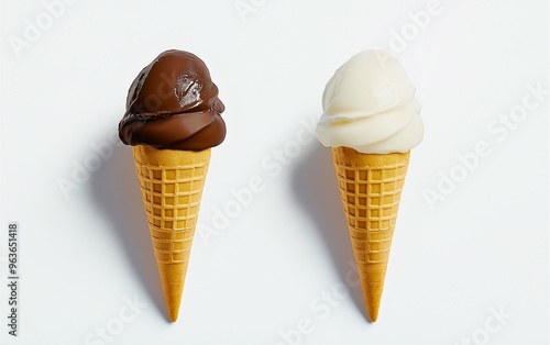 3D rendering of a blank white and brown ice cream cone mockup set, isolated. Side view of empty vanilla and chocolate gelato packaging mockup. Clear conic design with tasty ice cream template and waff