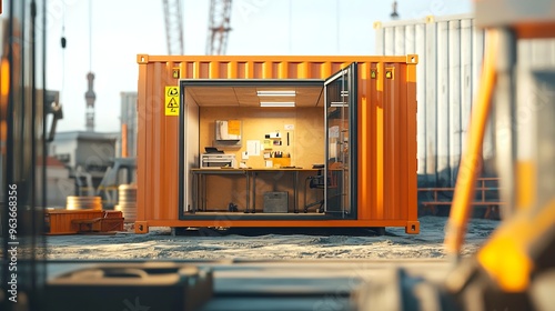 a temporary office container on a construction site, an organized workspace inside visible through open doors, and construction materials surrounding it