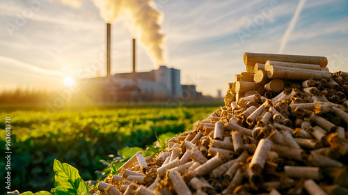 A scenic view of biomass pellets in the foreground with a power plant emitting smoke under a vibrant sunset.