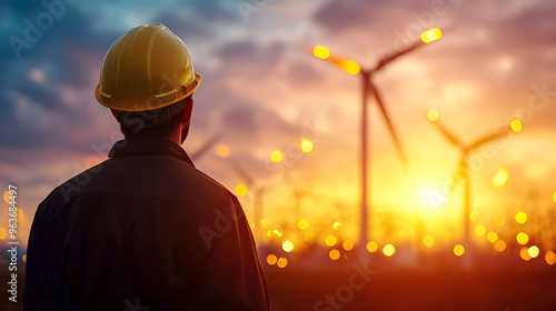 A worker gazes at wind turbines during a vibrant sunset, symbolizing renewable energy and environmental sustainability.