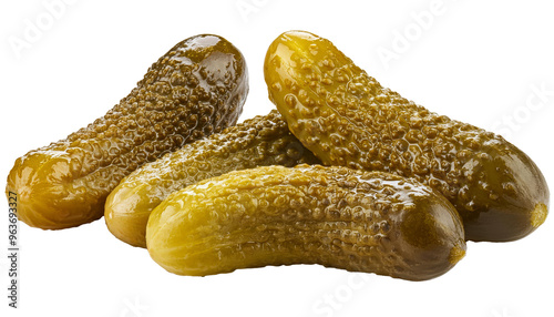 Marinated pickled cucumbers are displayed on a white background, showcasing their vibrant color 