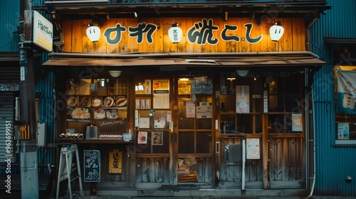 Traditional Japanese Restaurant Facade with Lanterns and Signage