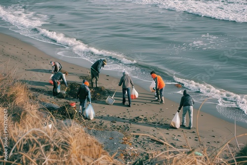 Volunteers participate in a beach cleanup event on a sunny day, collecting debris and restoring the natural environment along the coast