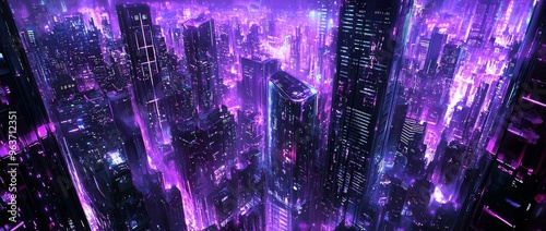 This digital image portrays a haunting city skyline with neon lights emanating from towering skyscrapers featuring ghostly neon ghosts