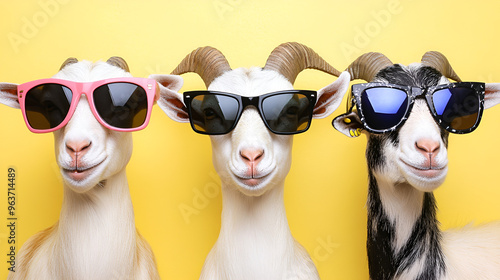 Three Goats Wearing Sunglasses, Funny Animal Photo, Summer Vibes