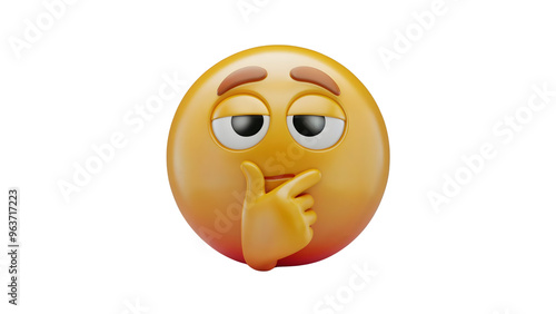 A 3D emoji with a thoughtful expression, hand on chin, and slightly raised eyebrows, as if deep in contemplation or suspicion