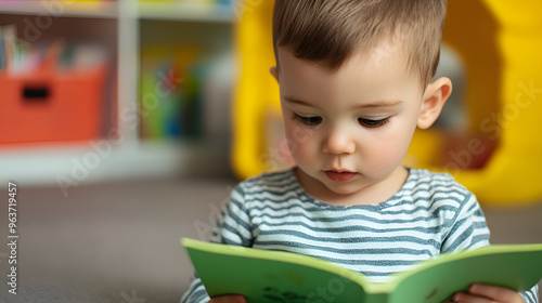 Adorable Toddler Boy Concentrating on Reading a Book, Early Literacy and Childhood Development Concept