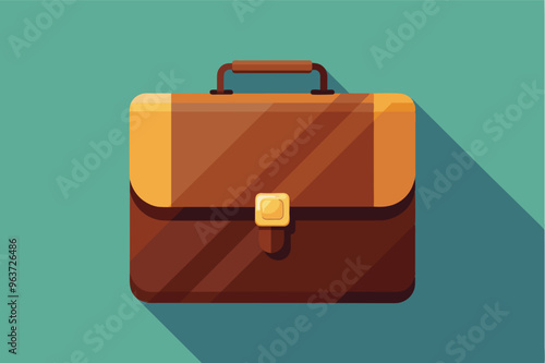 Brown leather briefcase icon with long shadow, flat design illustration