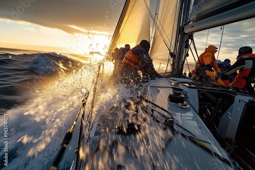 Dynamic Sailing at Sunset with Crew Battling High Seas and Waves