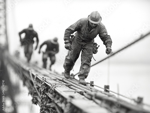 Vintage skyline: A black and white depiction of early twentieth century bridge and skyscraper construction, architectural ambition and industrial progress of an era, rise of urban landscapes.