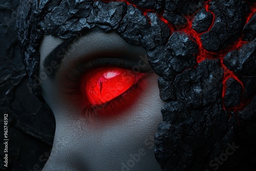 Mysterious glowing red eye in dark rocky landscape