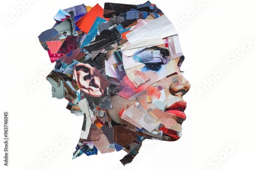 A collage of a woman's face made up of multiple pieces of paper