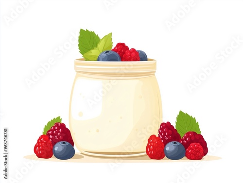 Yogurt Jar Topped with Fresh Berries and Mint