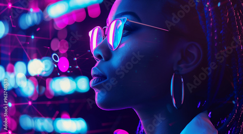 AI cyber security threat illustration, black african american female IT specialist analysing data information technology, augmented reality artificial intelligence collage, side profile, copy space