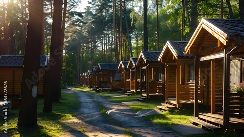 Serene forest resort with rows of identical holiday cabins, perfect for a peaceful getaway.