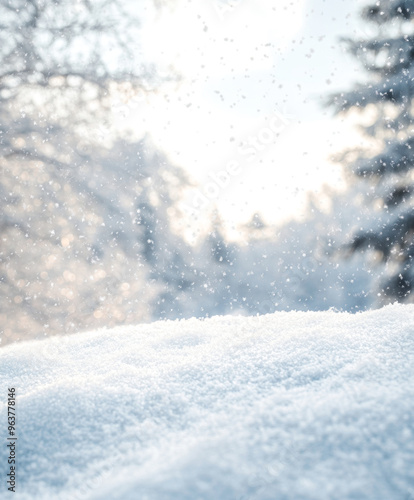 Snowy landscape with soft snowdrifts and gentle falling snow, set against a blurred background of winter trees and a cloudy sky