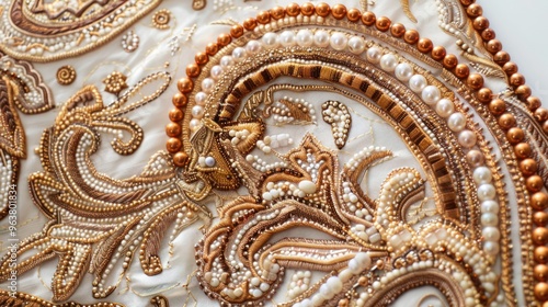 A luxurious handmade textile wall hanging, adorned with paisley motifs meticulously embroidered with beads and pearls.