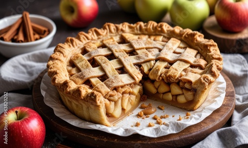 A freshly baked apple pie with a golden, flaky crust and a dusting of cinnamon sugar..