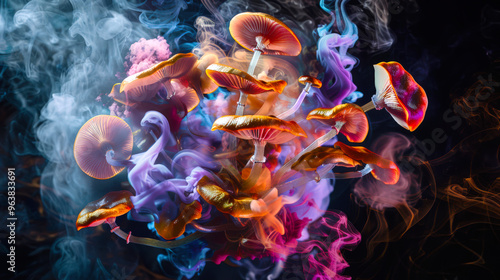 The psychotropic effect of the use of hallucinogenic mushrooms. Shamanism and euphoria. A harmful narcotic substance. Psilocybin mushrooms and toadstools in colored mystical smoke