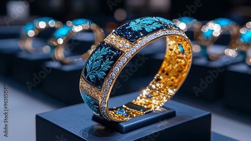 A photostock image of a designer cuff bracelet displayed in augmented reality, showcasing metal types, stone settings, and engraving options in a luxury jewelry store 