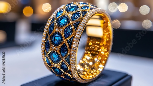 A photostock image of a designer cuff bracelet displayed in augmented reality, showcasing metal types, stone settings, and engraving options in a luxury jewelry store 