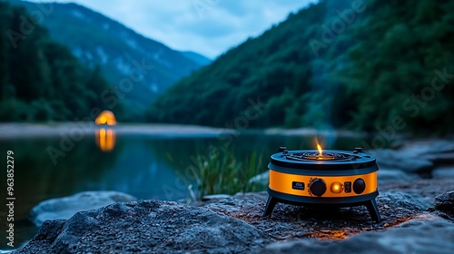 A photostock image of a portable camping stove with augmented reality, displaying fuel types, cooking surfaces, and portability features in a scenic campsite 