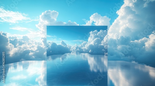 3d abstract modern minimal backgroun3d with white clouds an3d square metallic mirrors in the blue sky