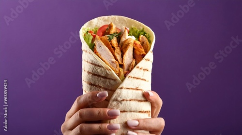 Woman’s hand holding a delicious doner kebab against a purple backdrop.