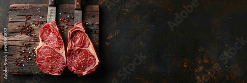 Dry aged wagyu ribeye beef steaks displayed from above on a rustic knife, with plenty of room for text.