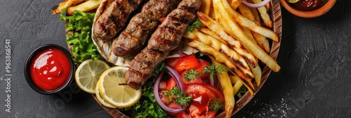 Kebab accompanied by fries and sauces