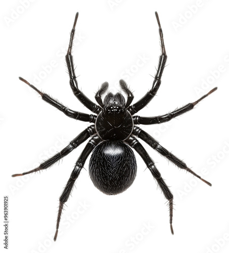 Black spider resting on a white surface in detail, cut out - stock png.