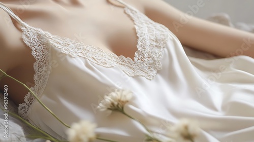 A close up on the neckline of a white satin and lace nightgown.