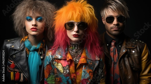 1980s 1990s style. Punk fashion as a reaction to the hippie movement of past decades and against materialistic values of current decade. Retro, pop, hipster, neon, colorful, nineteenth.