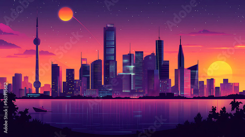 Silhouette of a modern city skyline at sunset with two suns.