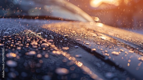 A detailed view of tiny hailstones on a dark car surface following a summer storm, captured in daylight with selective focus.