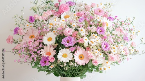 Pink and White Flower Bouquet in Vase on White Background